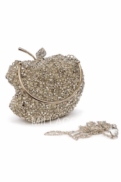Stone-Embellished Apple Shape Evening Dress Bag with Metal Handle and Chain Strap Evening Bag