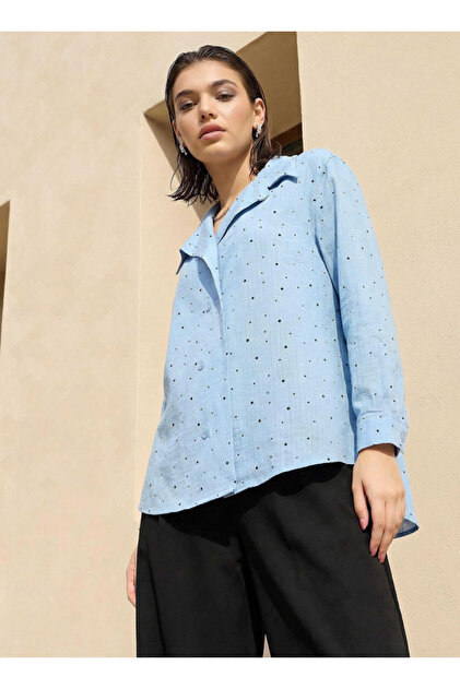 Shirt with Polka Dot Print and High-Low Hem