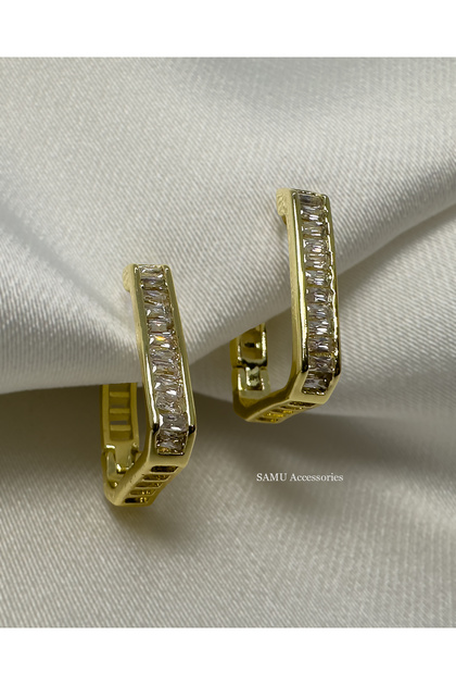 Baguette Stone Geometric Steel Hoop Earrings - Golden Baguette Geo-Hoops