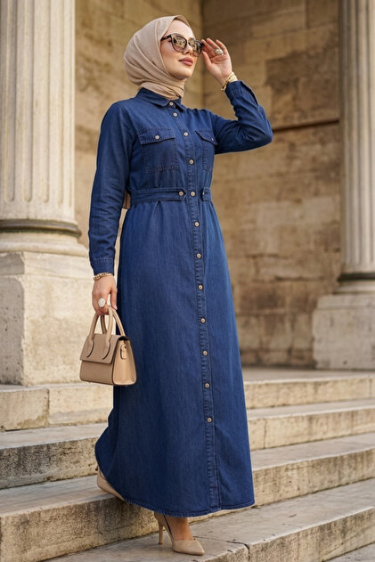 N.S NEVA STYLE Buttoned Navy Blue Hijab Denim Dress 19169L- Trendyol