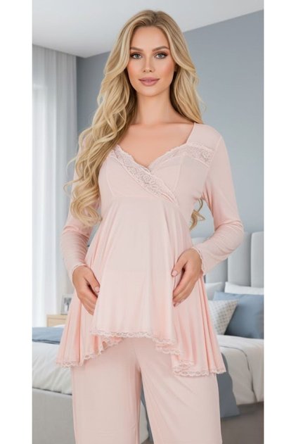 New Season Powder Stylish Lace Detailed Long Sleeve Special Design Maternity Pajama Set