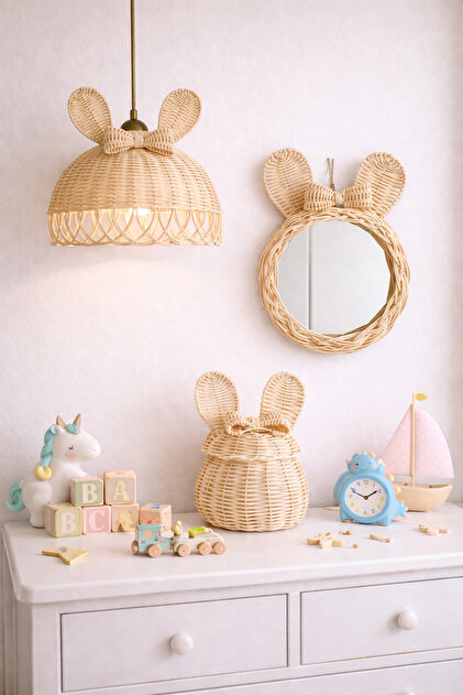 rattan bambu hasır fiyonklu 3lü set Avize - Ayna - Sepet