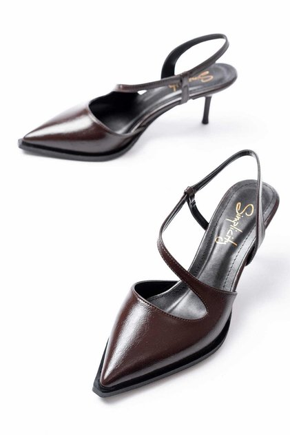 Women's Bitter Brown Crinkled Patent Leather Heeled Shoes