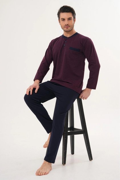 Large Size Jacquard Long Sleeve Buttoned Collar Men's Pajama Set 100% Cotton