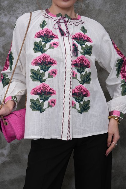 Balloon Sleeve Cross Stitch Embroidered Cotton Shirt