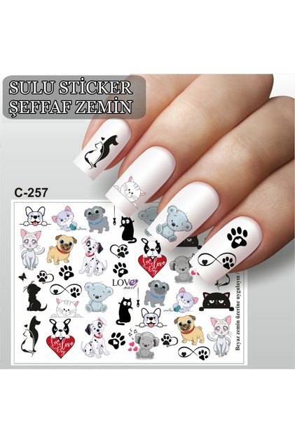 TIRNAK STİCKERİ ÇİZGİ FİLM KEDİ KÖPEK (SULU TATTOO ÇIKARTMA) ŞEFFAF ZEMİN