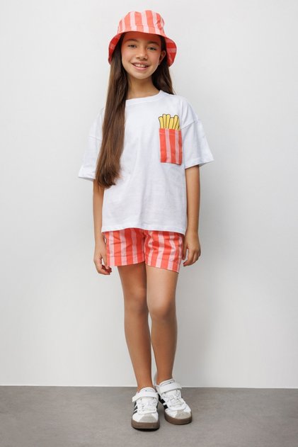 Red Chips Figured Stripe Patterned Children's T-Shirt and Shorts Two-Piece Set - Ellie