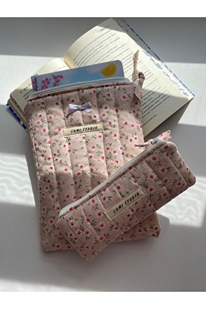 Pembe Çiçekli Kitap Kılıfı, Organizer, Ajanda, Defter Kılıfı- Kalemlik