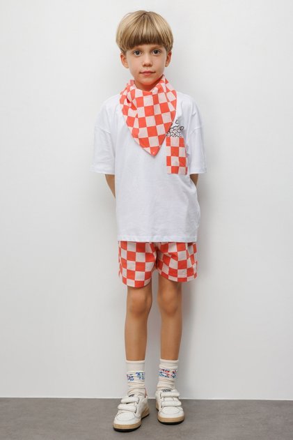 Red Popcorn Figured Checkerboard Patterned Children's T-Shirt and Shorts Two-Piece Set - Cleo