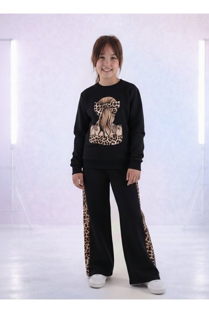 Girls' Cotton Leopard and Ponytail Hair Print Long Sleeve Wide Leg Sweatpants Set