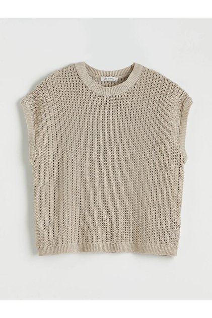 Beige Crew Neck Openwork Women's Knitwear Sweater