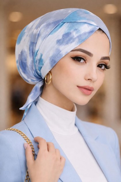 Mavi Beyaz Batik Çapraz Bantlı Bone