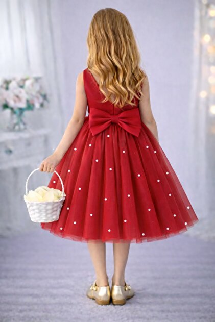 SUNEH Girl's Red Skirt Pearl Detailed Wrap Collar Mini Simple Prom & Birthday  Dress- Trendyol