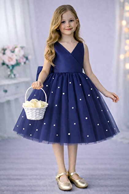 SUNEH Girl's Navy Blue Skirt with Pearl Detail Wrap Collar Mini Simple Prom  & Birthday Dress- Trendyol
