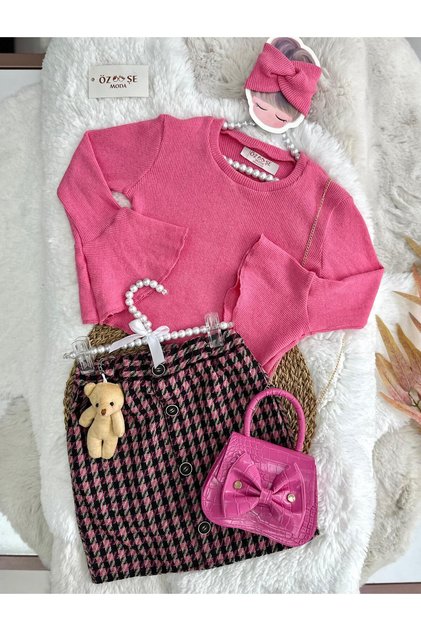 Teddy Bear Houndstooth Skirt Pink Spanish Sleeve Blouse Set