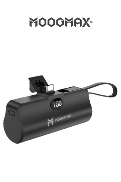 2-in-1 Super Tiny Size Mini Power Bank with a 5000mAh capacity and the size of a lipstick pen. Features two Type-C ports and a Compact-in iPhone cable.