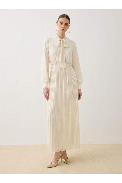 Chiffon Fabric Hijab Dress with Tie Detail at the Collar - Ecru -