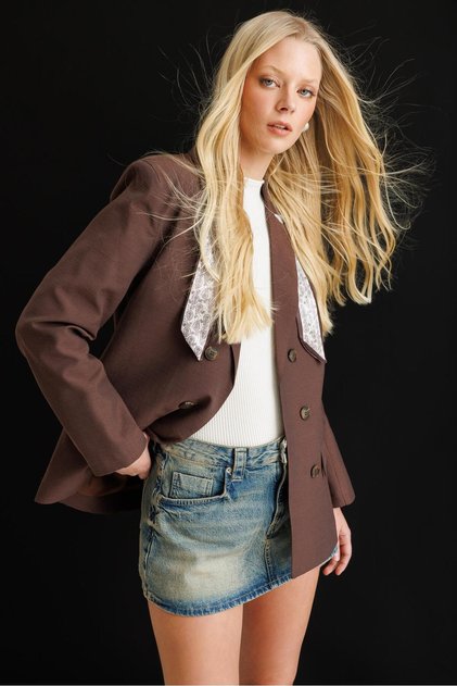 4809 Kadın Fular Detaylı Keten Dokulu Blazer Ceket Kahve