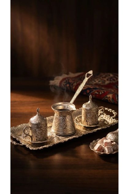 Sarmaşık Cast Iron Coffee Pot Silver Coffee Set for 2 People with Tray