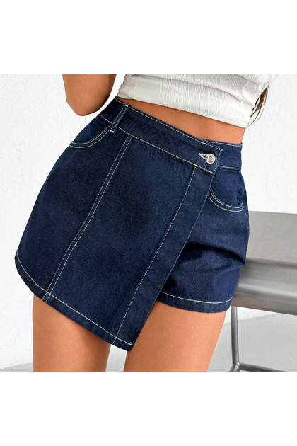 Jeans Women's Navy Blue High Waist Denim Shorts Skirt – Asymmetrical Design Jean Skort