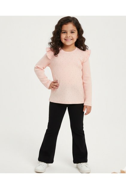 Girl's Corded Fabric Stoned Transitional Stylish 2-Piece Set L 4-12 Years Old Stoned Flared L Tights and Blouse