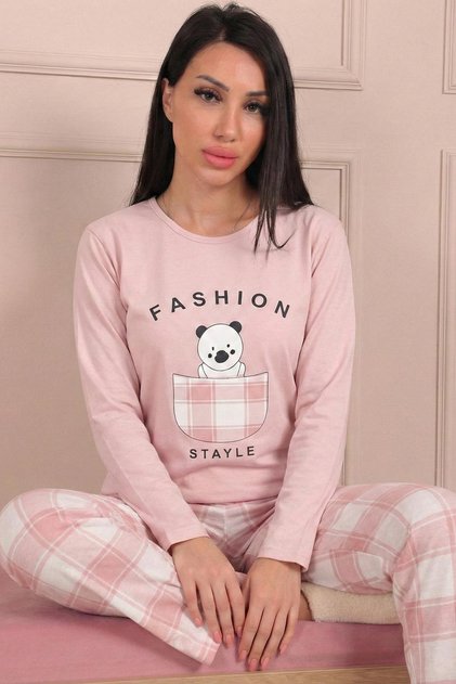 Women's "Fashion" Slogan and Plaid Patterned Bottom Jersey Pajama Set