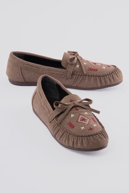 Women's Suede Loafer Embroidered Lace-Up Shoes Helia Mink