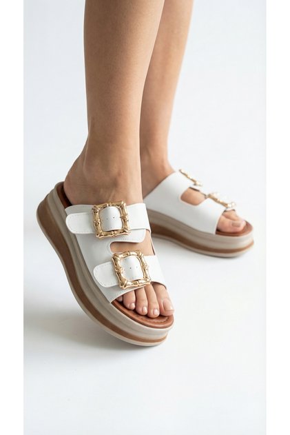 Square Thick Double Gold Buckle Detailed High Heeled Comfortable Women's Summer Slippers Sandals