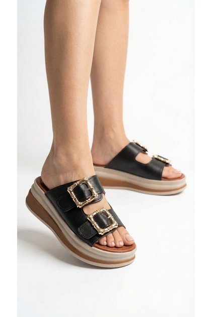 Square Thick Double Gold Buckle Detailed High Heeled Comfortable Women's Summer Slippers Sandals