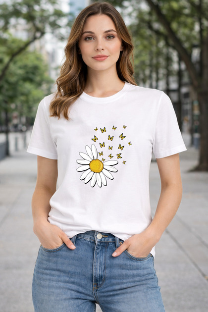 Basic T-Shirt with Daisy and Butterflies Print Detail