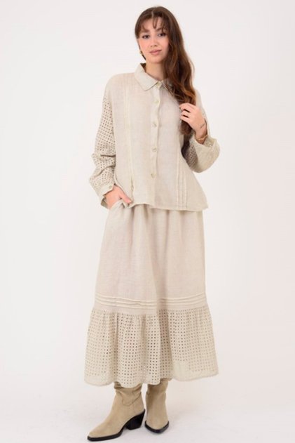 Women's Italian Beige Scallop Detailed Shirt and Skirt 2-Piece 100% Linen Set