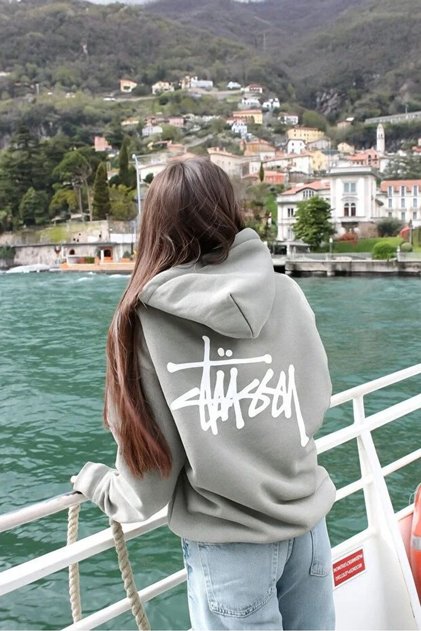 Street Style Black Hooded Sweatshirt – Stussy Logo