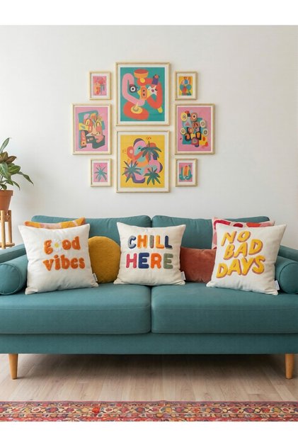Colorful Punch Embroidered 3-Piece Throw Pillow Cover Set - 43X43Cm - Decorative 3-Piece Punch Throw Pillow Cover