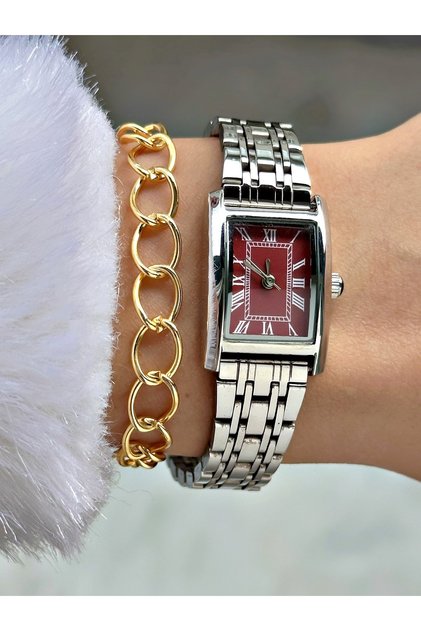 Özel Lüks Tasarım Uzak Şehir Ayla Modeli Roma Rakamlı Metal Kordon Kadın Kol Saati-Bileklik Hediyeli