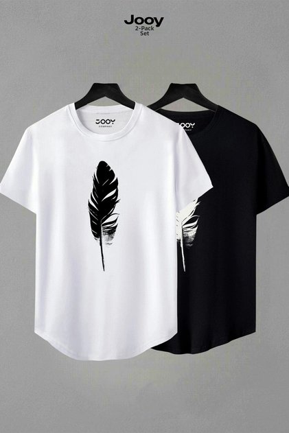 Unisex černá a bílá oválná sada trička s designem peří