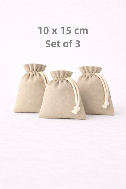 10X15 cm Velvet Look Honeycomb Fabric Drawstring Light Stone Color Pouch, Set of 3 – for Jewelry and Wedding Gifts