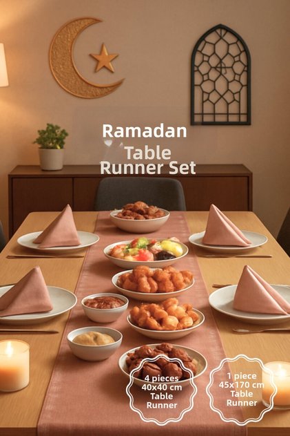 Ramazana Special 5-Piece Tableware Set (Ottoman Silk Runner and 4 Napkins) Powder-Salmon