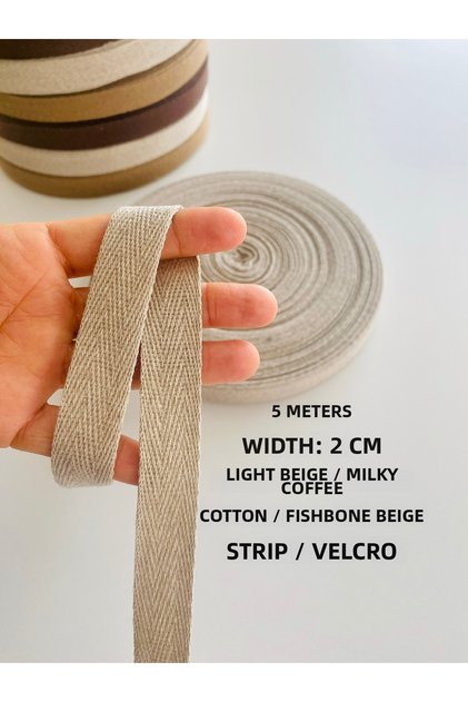 5 Meters Width 2 cm Light Beige, Milk Brown Cotton Narrow Webbing, Sewing Tape, Ribbon, Bias Tape, Cord