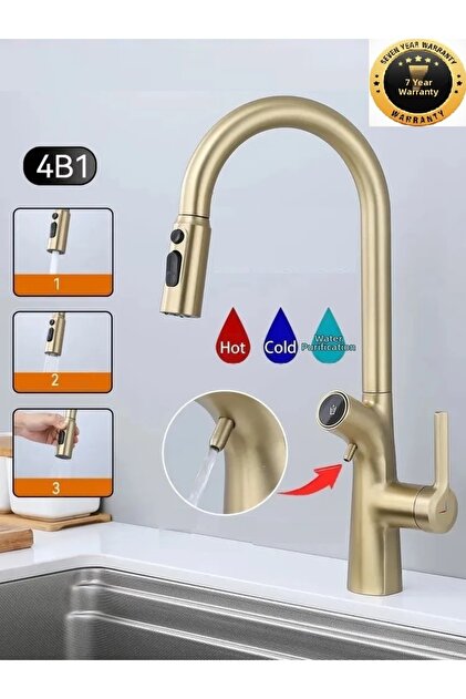 Kitchen Sink Faucet with Push-Pull Water Purification Outlet, 3-Function Faucet, Spiral, Matte Gold Color, 7 Years Warranty, Imported