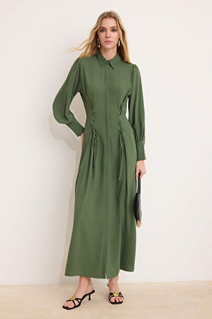 Khaki Cross Lace Detailed Princess Sleeve Maxi Woven Hijab Dress Tctss26Eb00040