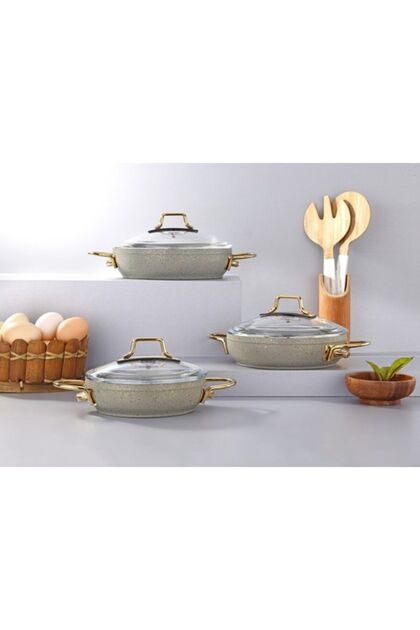 Marbella Nardo Gray Gold Handle Detail 6-Piece Lidded Granite Pan Set