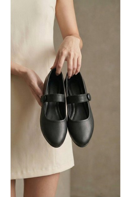 Women's Black Leather Rubber Buckle Ballerinas 1.5cm Byndi̇mj03
