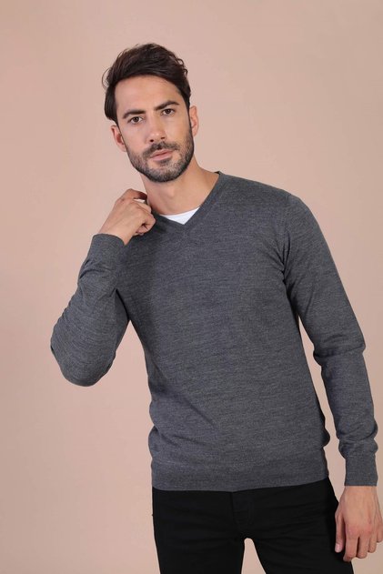 V-Neck Superfine Wool Sweater - Anthracite