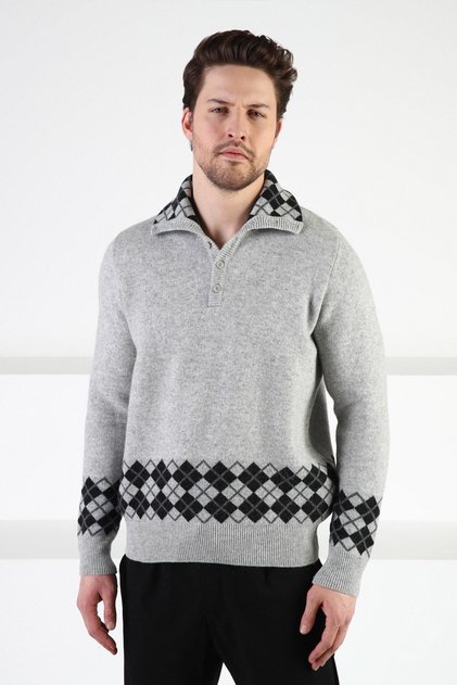 A.Gray Buttoned Stand Collar 100% Lamb Wool Men's Sweater