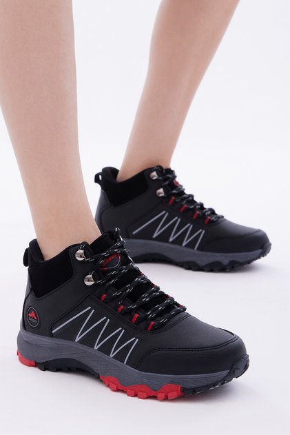 Cizme unisex, negre, roșii, confortabile, cu talpă groasă, cu model în zig-zag, cu șireturi