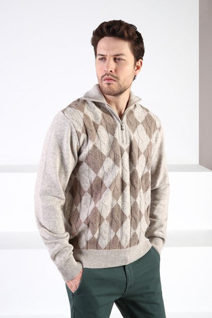 A.Beige Baklava Patterned Stand Collar 100% Lamb Wool Men's Sweater