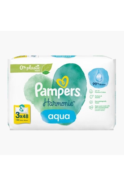 Șervețele umede Harmonie Aqua, 0% plastic, 3 pachete x 48, 144 buc