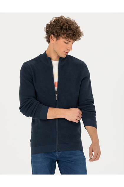 Navy Blue Melange Slim Fit Zippered Knitwear Cardigan 50278100-Vr120