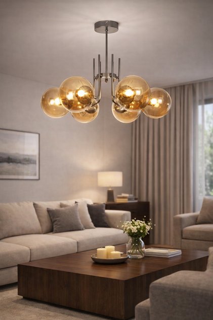 Vien Modern Tasarım Salon Yemek Odası Mutfak Gri Renk Bal Camlı Sarkıt 6 Lı Avize