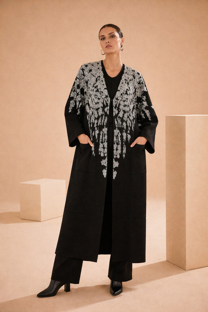 Tricotaj cu model de flori în relief negru gri Cardigan pentru femei